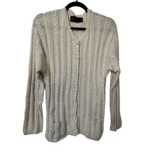 La Vicunita 100% Baby Alpaca Cable Knit Cardigan Cream Scalloped Trim Peru Large